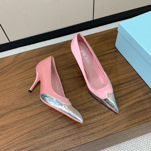 High Heel Best Quality Prada Women Knock Off Pointed toe leather shoes Pink