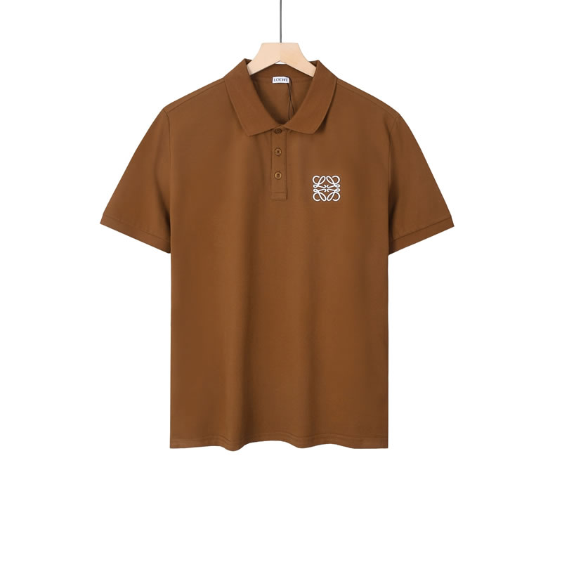 Lapel Cotton Knock Off LOEWE Brown Men T-shirt