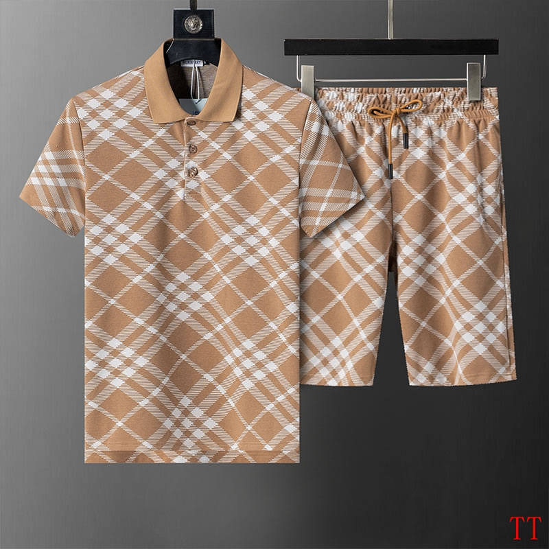 Lapel Short Sleeve Fake Burberry Men Brown Suit