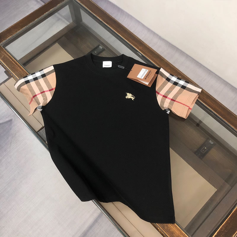 Sleeve Plaid fabric Splicing Burberry fake t-shirt Black